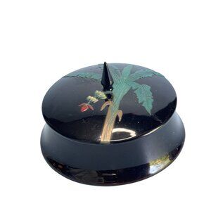 Handcrafted Ryukyu Lacquer Ware Co Black Trinket Box W/Palm Tree Red Interior